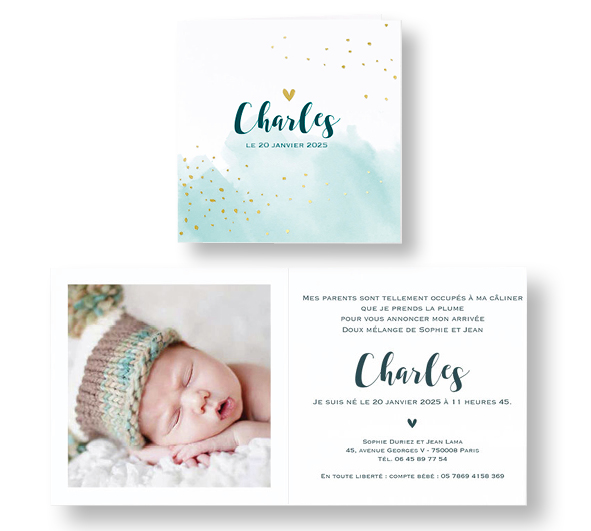 Faire-part de naissance pastel et confettis dorés 589005