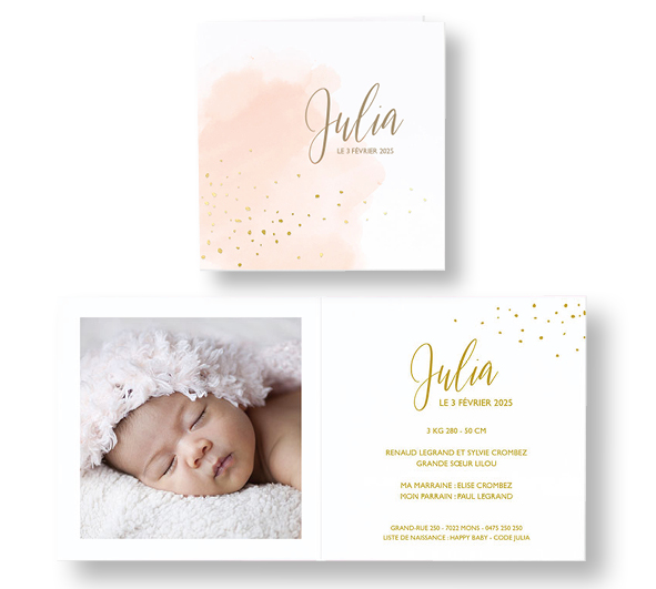 Faire-part de naissance aquarelle rose et confettis dorés 589006