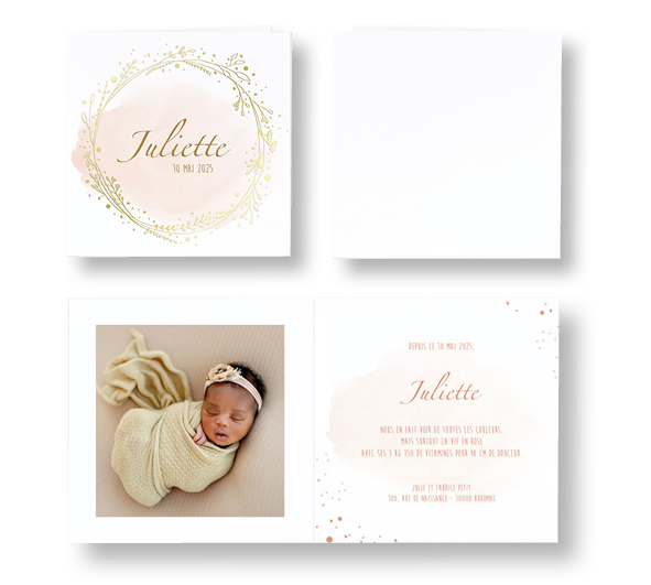 Faire-part de naissance "couronne de fleurs" en dorure 581008